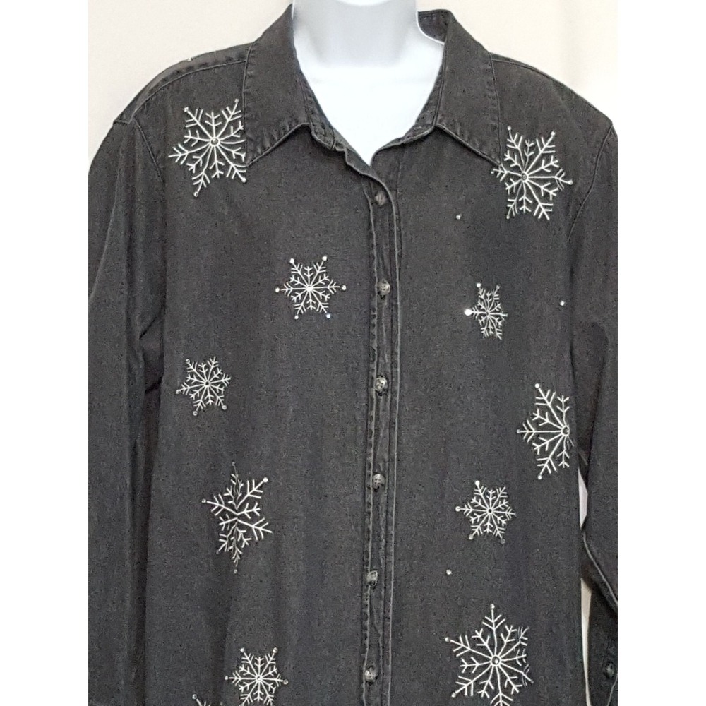 Quacker‎ Factory Womens Blouse Button Up Denim Shirt Embroidered Rhinestones 1X
